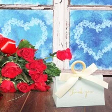 5个装婚礼回礼盒，便携式折叠三角礼盒，适用于婚礼、迎婴派对用品，含丝带和木珠的糖果盒/装饰礼盒 - 藍色 - 查看 5