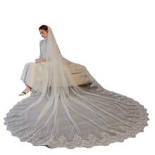 新款婚纱头纱，带蕾丝贴花、发梳和亮片，精致长拖尾新娘头纱，女士秋季服装