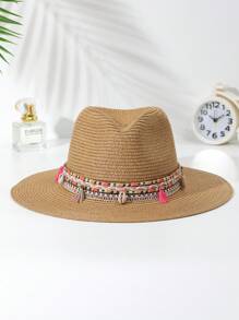 件裝女式波西米亞風格流蘇和貝殼裝飾女牛仔/牛仔帽，爵士巴拿馬帽，寬邊太陽帽適合日常佩戴