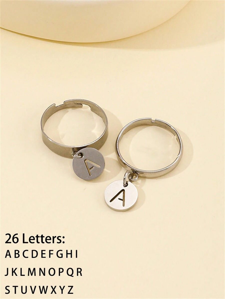 2入組不銹鋼情侶戒指,時尚簡約風格字母吊墜可調節大小,適用於情侶、復活節、日常穿著和夏天珠寶的完美禮物 - 銀色 - 查看 1