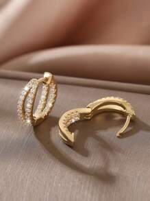 1pair Luxurious Copper & Rhinestone Inlaid Geometric Double Circle Earrings, Perfect For Date - Golden - View 4