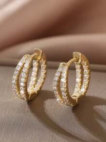 1pair Luxurious Copper & Rhinestone Inlaid Geometric Double Circle Earrings, Perfect For Date - Golden - View 1