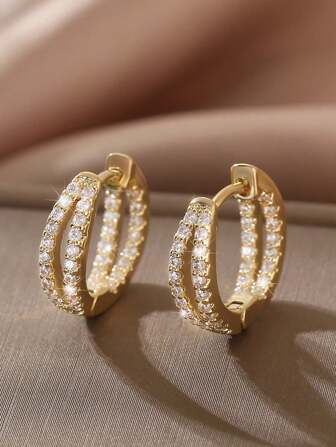 1pair Luxurious Copper & Rhinestone Inlaid Geometric Double Circle Earrings, Perfect For Date