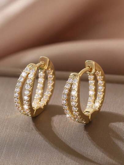 أقراط دائرة مزدوجة هندسية مرصعة بالنحاس الفاخر والخرز اللامع ، مثالية لموعد رومانسي