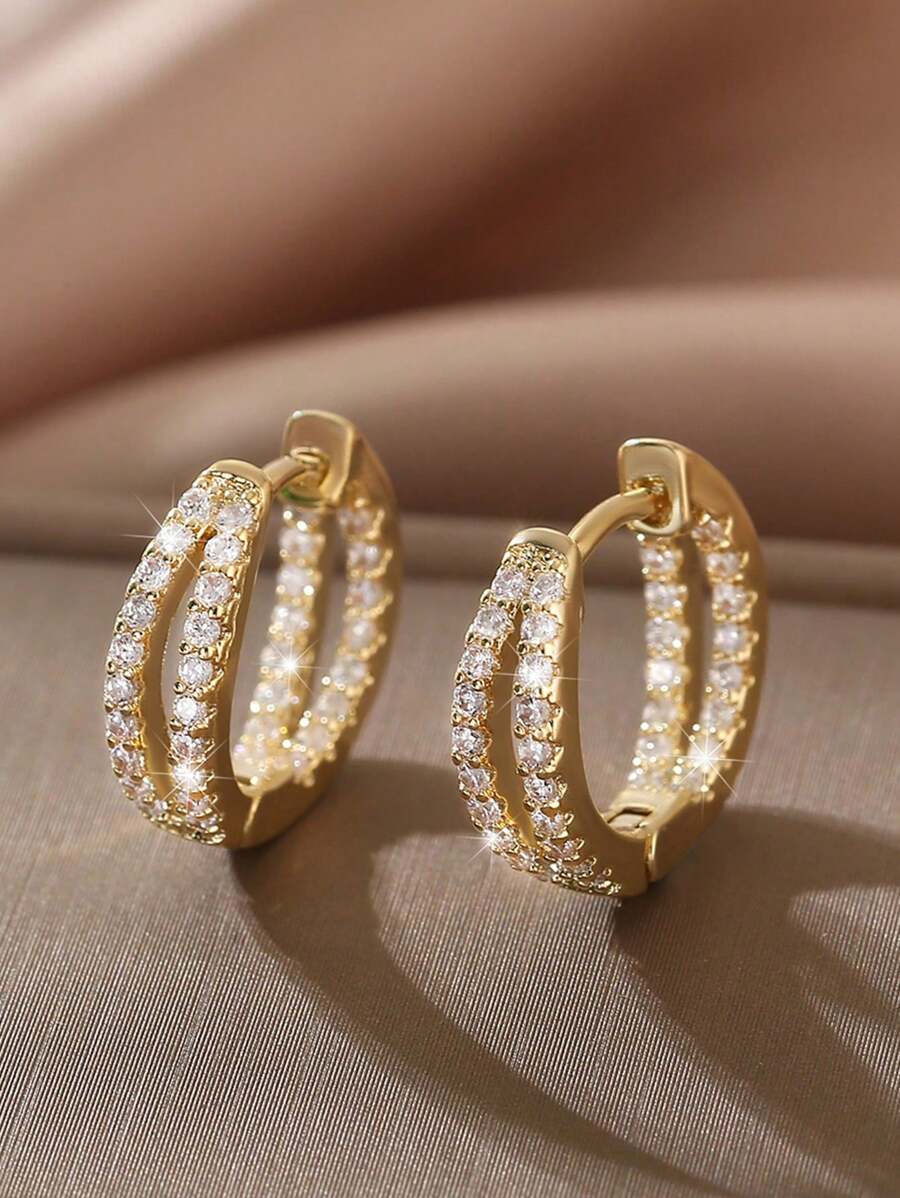 1pair Luxurious Copper & Rhinestone Inlaid Geometric Double Circle Earrings, Perfect For Date - Golden - View 1