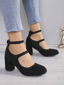 Retro Dày Giày cao gót Của phụ nữ Phong cách Pháp Giày Court , Đen mờ Da Dây đeo Khóa Giày nữ Baotou - màu đen - Xem 1