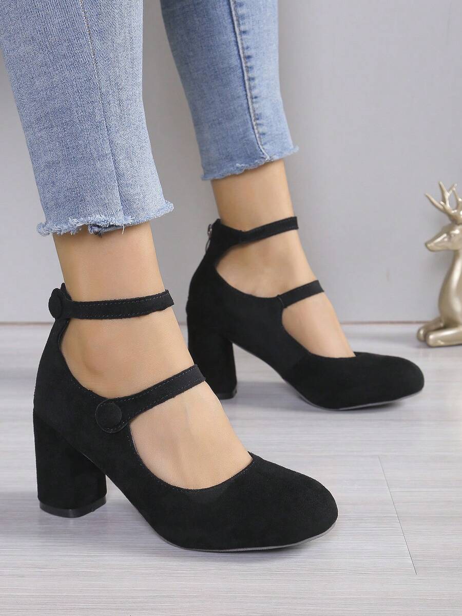 Retro Dày Giày cao gót Của phụ nữ Phong cách Pháp Giày Court , Đen mờ Da Dây đeo Khóa Giày nữ Baotou - màu đen - Xem 1