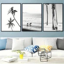 3 Pezzi Quadro Su Tela Senza Cornice, Poster D'arte Moderna Con Paesaggi Costieri In Bianco E Nero E Immagini Fotografiche Di Surf In Mare Con Tavola Da Surf. Regalo Ideale Per Camera Da Letto, Soggiorno, Corridoio O Per Decorazioni Pareti Invernali