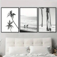 3 Pezzi Quadro Su Tela Senza Cornice, Poster D'arte Moderna Con Paesaggi Costieri In Bianco E Nero E Immagini Fotografiche Di Surf In Mare Con Tavola Da Surf. Regalo Ideale Per Camera Da Letto, Soggiorno, Corridoio O Per Decorazioni Pareti Invernali