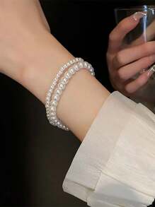 2-4入組法式復古簡約珍珠彈性手環，時尚日常多用途優雅女性手袋 - 白色 - 查看 5