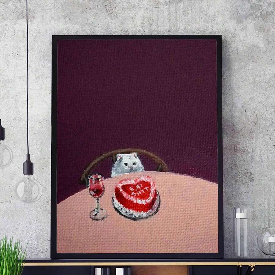 1 Piece Frameless Cat & Wine Poster, Wall Art, Wall Decor, Canvas Print, Oil Painting Poster, Modern Minimalist Style Print, Suitable For Living Room, Bedroom, Bathroom Decor, Ideal Gift, Frame Not Included - Multicolor - View 1