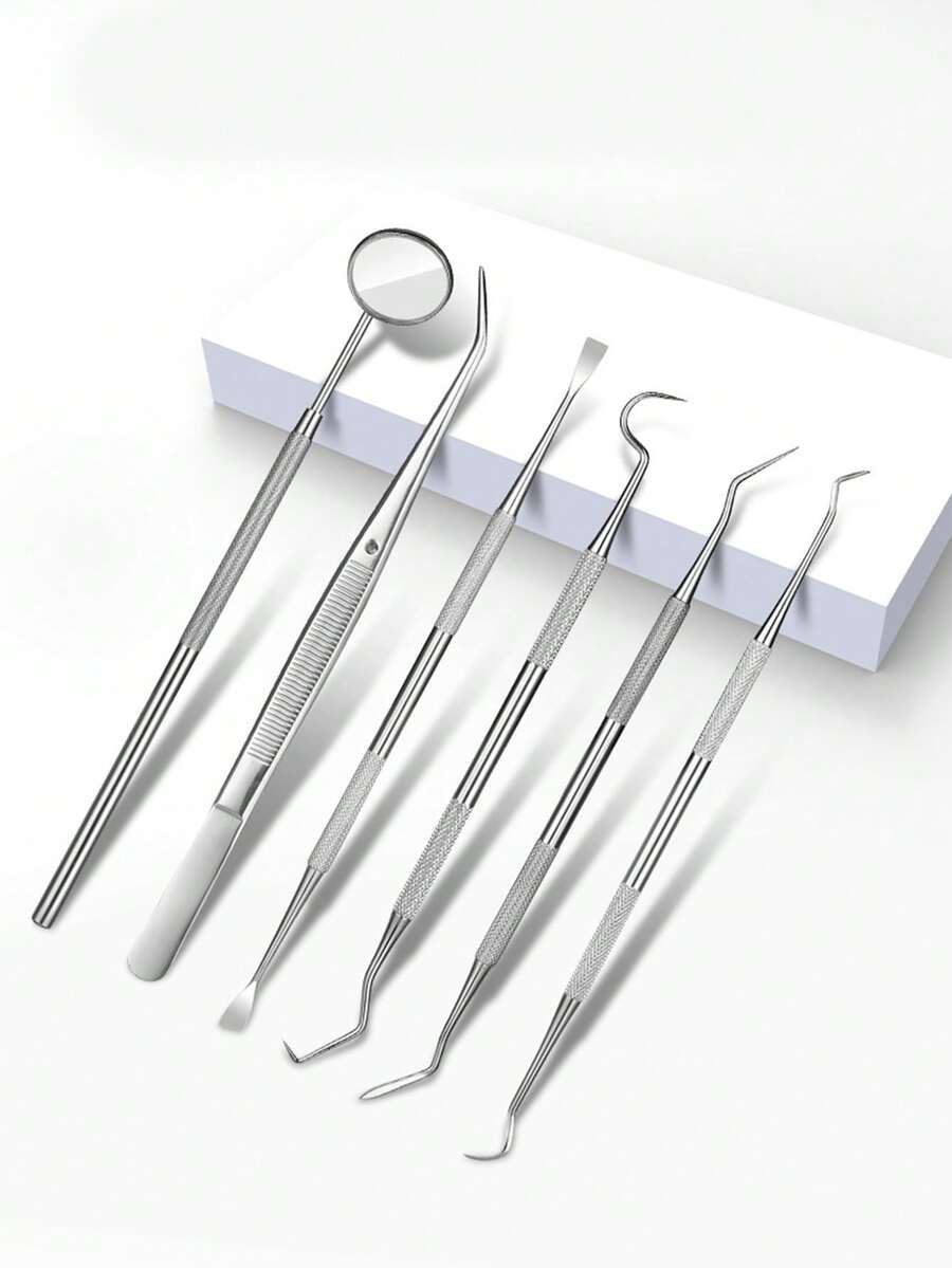 6 cái/bộ Răng Dụng cụ vệ sinh Bộ dụng cụ , Màu bạc , Bao gồm Sa tanh & Tấm ván Làm sạch Gương , Răng Để loại bỏ - Bạc - Xem 1