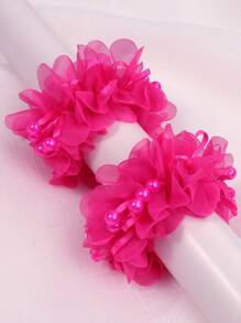2pcs Girl's Cute Pink Fabric Hair Ties With Beads And Flower Decor Headband Suitable For Daily Wear, Vacation, Or - Hot Pink - View 2