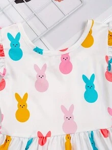 Young Girl Cute Bunny Graphic Ruffle Sleeve Dress For Spring Summer Easter - White - View 2