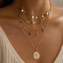 Gold Layered Necklaces For Women Chunky Choker Link Chain Retro Coin Pendant Necklace Handmade Dainty Layered Choker Necklaces Adjustable Layering Chain Gold Plated Necklaces Set For Women Girls Jewelry Birthday Gifts