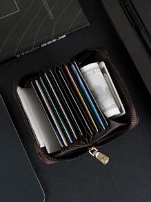 Fashionable Plaid Pattern Casual Retro Zipper Small Card Holder Portable Lightweight Coin Purse Unisex Card Case Card Wallet Credit Card Holder Mini Wallet - Brown - View 5