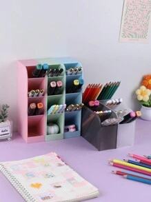 Slant Plug Multi-Functional Plastic Office Storage Desktop Organization Pen Holder Rectangular Can Stand Standing Pencil Holder - Blue - View 4