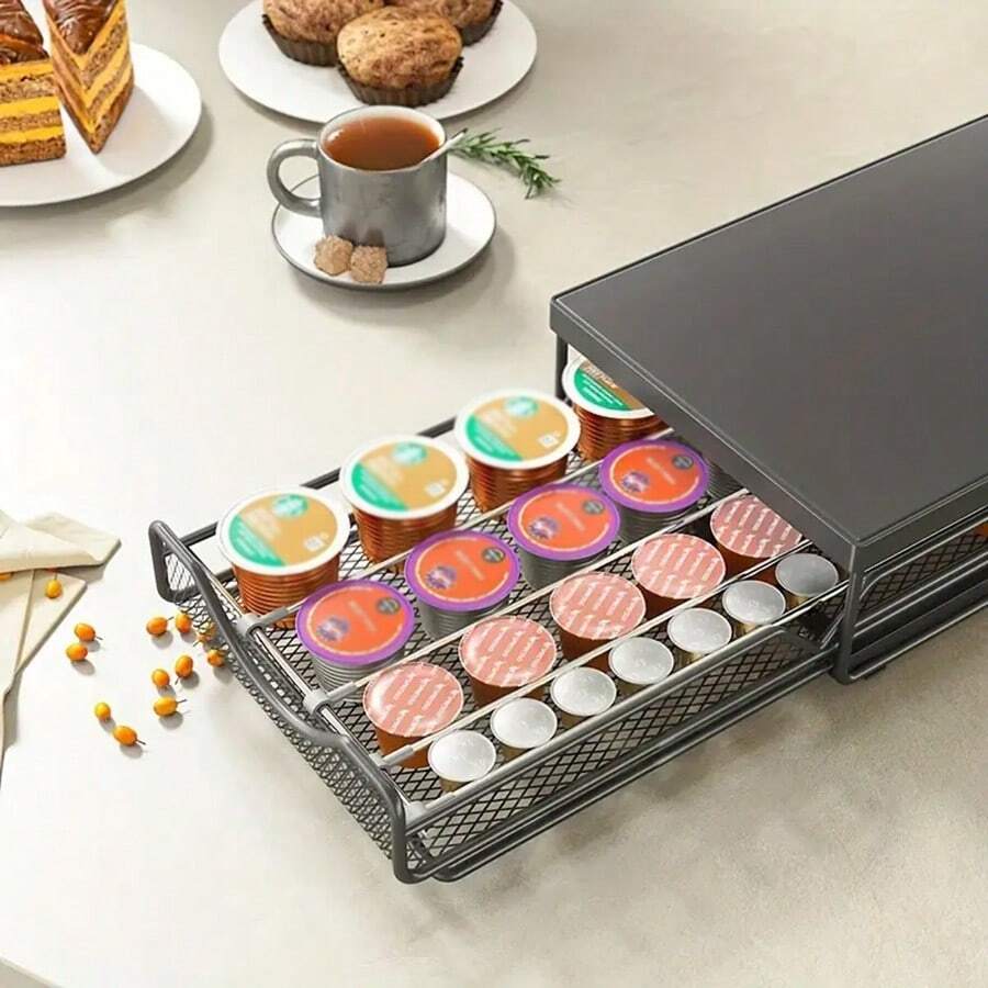 1pc Coffee Capsule Storage Drawer Organizer, Adjustable Design, Suitable For Various Sizes Of Coffee Capsules, Made Of Baked Carbon Steel Material, Elegant And Practical - Black - View 1