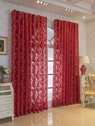 1pc Bedroom/Living Room Decorative Curtain, Sheer Voile Fabric With Cutout Vine & Leaf Pattern, 100% Polyester, Suitable For Living Room, Bedroom, Balcony And Kitchen - Coffee Color