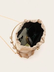 Diamond & Metallic Drawstring Evening Clutch, Can Be Carried By Hand Or Shoulder - Gold - View 9