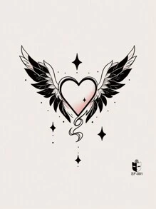STARTTOOS 1 pieza Tatuaje temporal con patrón abstracto de corazón, alas de ángel, estrellas y galaxia para el pecho, abdomen, espalda y Body - Negro - Ver 3