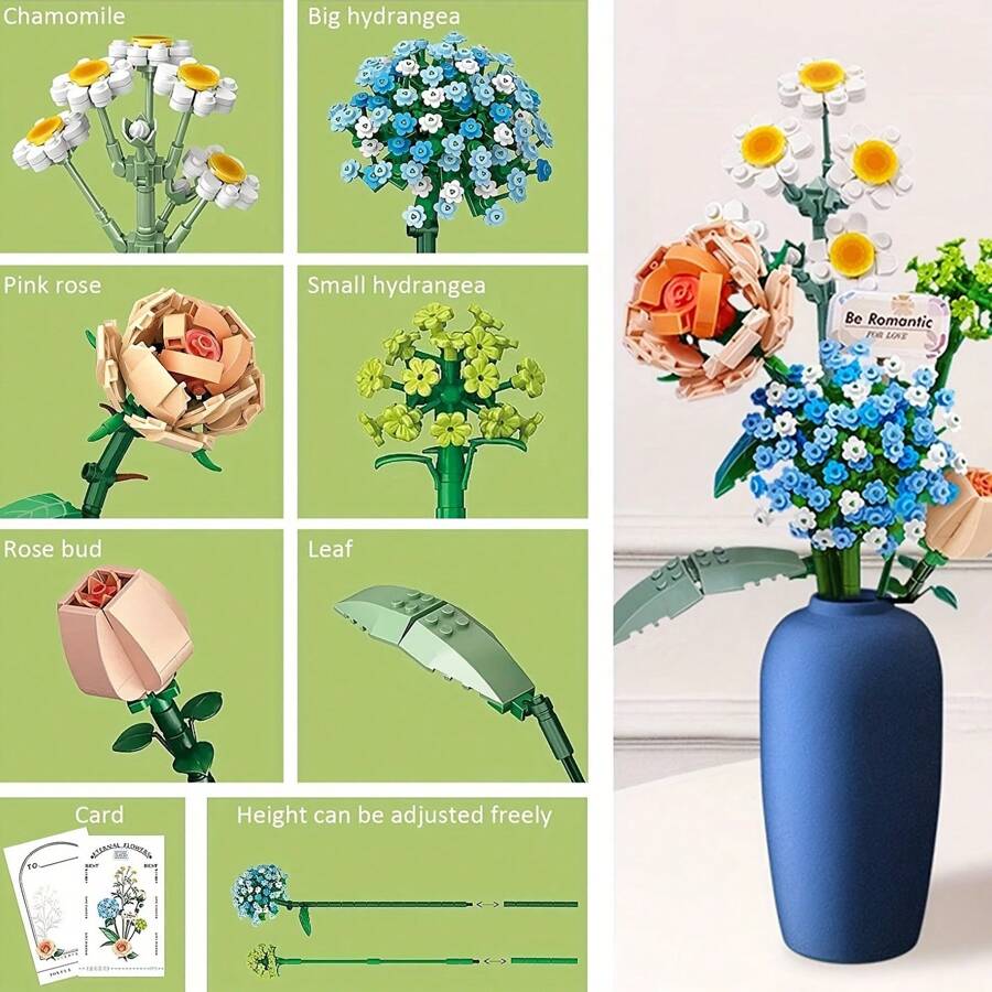 套裝,永生花套裝迷你積木花束套件節日禮物,人造玫瑰花,人造裝飾母親節情人節生日禮物送給戀人和父母 - 彩色 - 查看 1