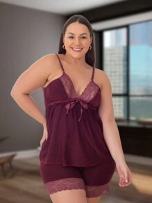 Plus Size Pajama Sets - 酒紅色 - 查看 1