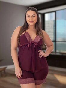 Plus Size Pajama Sets - 酒紅色 - 查看 3