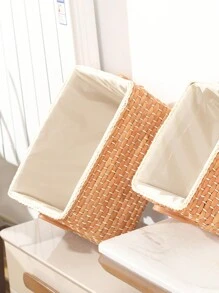 1pc Handmade Corn Husk Weaved Rectangular Storage Basket, Suitable For Organizing Toys, Snacks And Cosmetics In Japanese Style