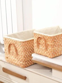 1pc Handmade Corn Husk Weaved Rectangular Storage Basket, Suitable For Organizing Toys, Snacks And Cosmetics In Japanese Style