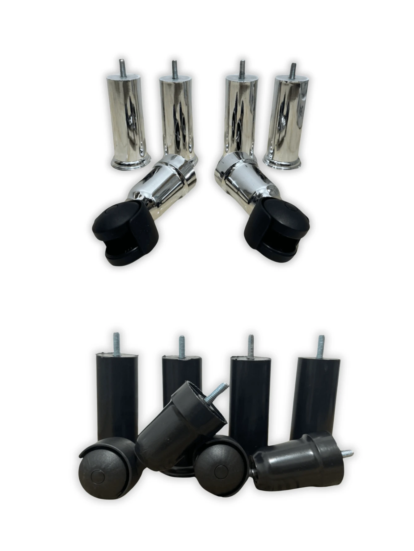 Kit 6 Pés para cama box de solteiro/casal/queen/king 4 pés fixos e 2 com rodinhas de plástico Preto ou Cromado - Prata - Visão 1