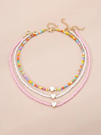 3 件套女孩彩色串珠心形项链套装，日常佩戴的装饰配件
