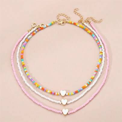 3 件套女孩彩色串珠心形项链套装，日常佩戴的装饰配件