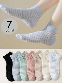 7 Pairs Women's Elasticity Crystal Mesh Cute Breathable Mesh Short Socks For Spring And Summer