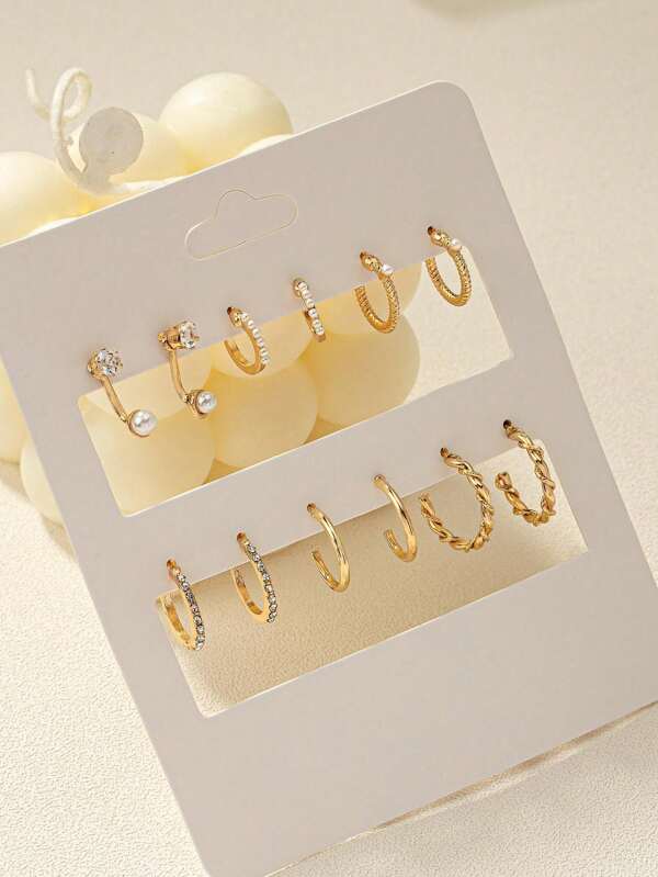 1set 6pairs Fashionable Sweet & Graceful Metal Multi-Piece Set Inlaid With Artificial Gemstone Delicate Earring Set Suitable For Women's Daily Wear