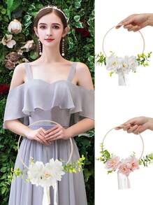 1入組新娘圓形竹編花冠,仿真花,西式婚禮伴娘手持花冠,玫瑰花冠適用於新娘和伴娘,蕾絲流蘇家用裝飾掛圈,婚禮裝備攝影道具 - 彩色 - 查看 2