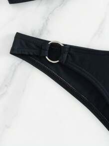Ladies' Solid Color Circular Ring Connection Separated Bikini Set, 2pcs/Set Summer Beach - Black - View 6