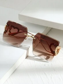 1 Pair Metal Frameless Square Fashion Glasses With Heart Pattern, Y2K Style, Elegant For Holidays, Beach Accessory, Women, Essential Item For Autumn/Winter, Business Casual, Valentine's Day Gift, Summer Beach Vacation, Outdoor Travel - Brown - View 3