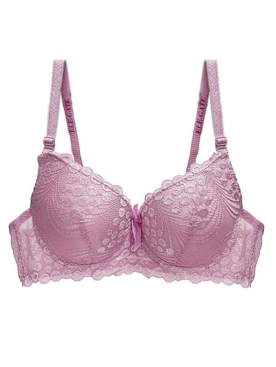 Push-Up Effect Floral Lace Design Bra - Pink - View 1