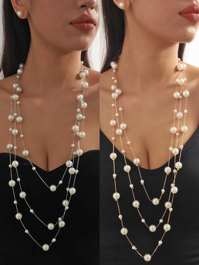 مجموعة مجوهرات بزينة اللؤلؤ المقلدة بنمط العطلات وتشتمل على قلادة وحبة مختلفة الألوان معدنية للسترة وأقراط للنساء واكسسوار للشاطئرمضان