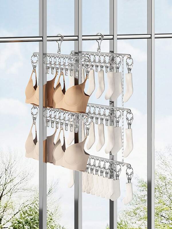1pc Socks Drying Hanger With Clothes Pins, Multi-Layer Hanging Drying Rack, Laundry Pin Hanger, Drying Rack For Socks, Underwear, Household Space Saving Storage Organizer For Bedroom, Bathroom, Closet, Wardrobe, Home, Dorm