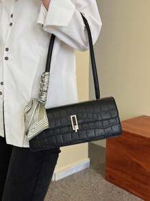 新款纯色PU围巾包，带盖和内拉链，时尚百搭的法式腋下包，女士法棍包，适合女性日常外出、购物、聚会，也是送给女友、圣诞节和情人节的理想礼物。 - 黑色 - 查看 7