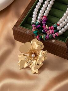 1入組幾何石頭珍珠鏈，附有花朵細節吊墜，歐美風格多層假日時尚女項鍊 - 彩色 - 查看 2