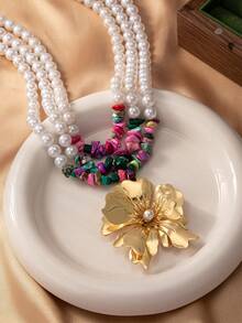 1入組幾何石頭珍珠鏈，附有花朵細節吊墜，歐美風格多層假日時尚女項鍊 - 彩色 - 查看 3