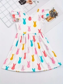 Young Girl Cute Bunny Graphic Ruffle Sleeve Dress For Spring Summer Easter - White - View 4