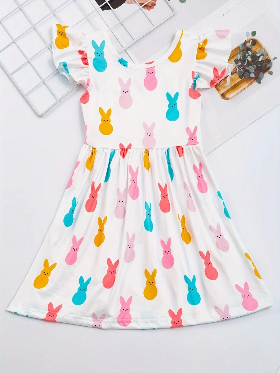 Young Girl Cute Bunny Graphic Ruffle Sleeve Dress For Spring Summer Easter - White - View 1