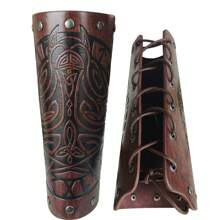 中世纪维京经典风格腕带 PU 皮革狼纹护臂带可调节肩带，复古哥特式臂章，适合万圣节角色扮演服装 - A - 查看 1