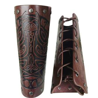 Medieval Viking Classic Style Wristband PU Leather Wolf Pattern Arm Guard With Adjustable Strap, Vintage Gothic Armband For Costume Cosplay Halloween