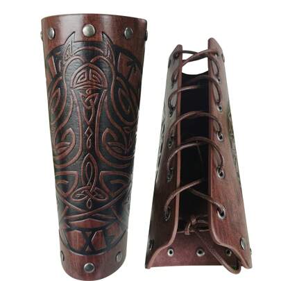 Medieval Viking Classic Style Wristband PU Leather Wolf Pattern Arm Guard With Adjustable Strap, Vintage Gothic Armband For Costume Cosplay Halloween