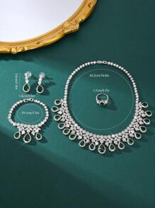4 pièces/set bijoux de luxe à la mode avec zircone cubique AAA, parures avec pendentifs style goutte d'eau comprenant collier, bracelet, boucles d'oreilles, bague. Convient pour la décoration des fêtes et mariages des femmes. Cadeau parfait de la Saint-Valentin pour votre petite amie. Ensemble de bijoux haut de gamme.